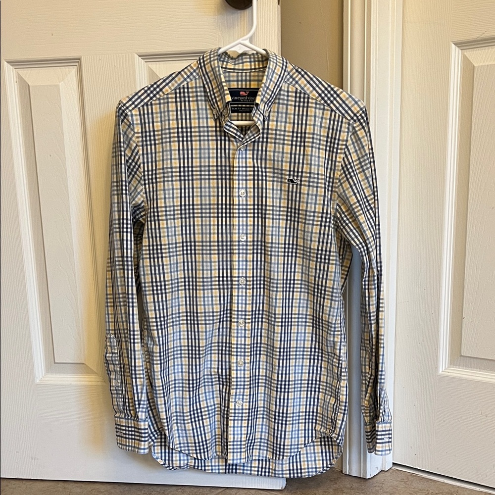 Vineyard Vines Men's Blue and Yellow Plaid Shirt